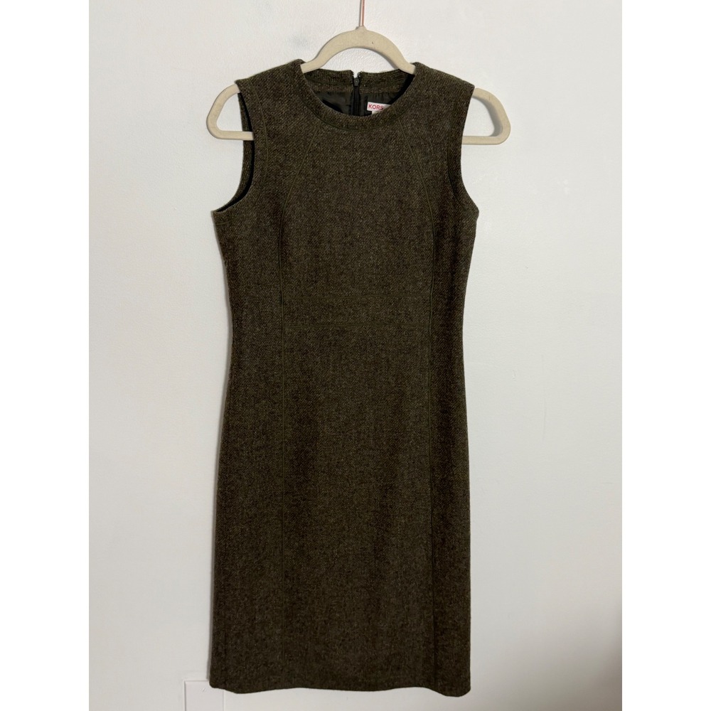 KORS Michael Kors Olive Green Wool Tweed Sleeveless Sheath Dress Size 4 Women